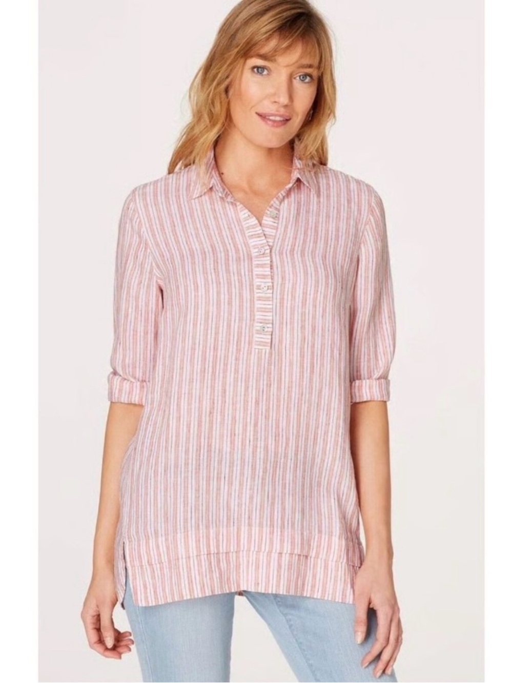 J. Jill Love Linen Size 2X Striped Tunic Top 100% Linen 3/4 Sleeve Layered Trim